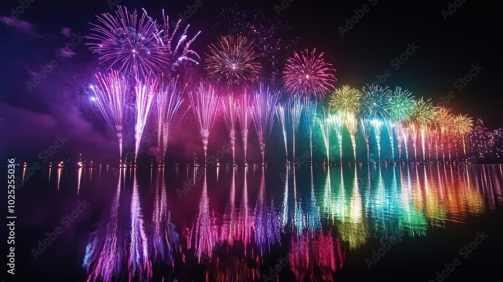 Poster a vibrant array of new yeara??s fireworks reflecting off a calm lake