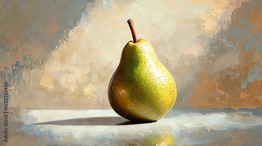 Poster   A depiction of a luminous pear perched atop a table against the serene backdrop of a celestial skyscape