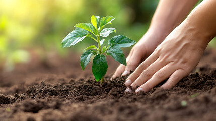 A person plants a small tree in the ground, adding soil around the base
