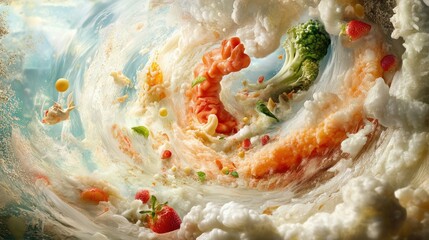 A Whirlwind of Fruits and Vegetables in a White, Orange, and Green Abstract
