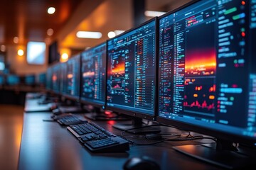 A row of computer monitors with data and charts displayed on the screen.