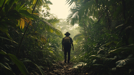 Fototapeta premium A lone hiker walks through a dense jungle path, sunlight filtering through the canopy 