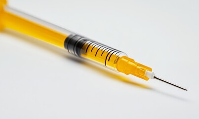 Fototapeta premium Close up yellow syringe on white background