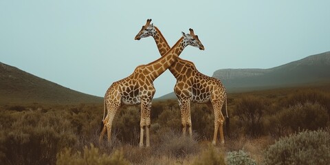 Obraz premium Two giraffes are standing close to each other in a grassy field. The scene is calm and tranquil, with the giraffes looking towards the camera. The grass is tall and green, and the sky is clear