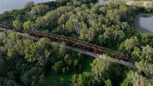 Aerial view of Old Chain of Rocks Bridge connecting Illinois and Missouri