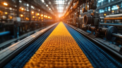 A close-up view of a textile machine weaving yellow and blue threads in a factory.