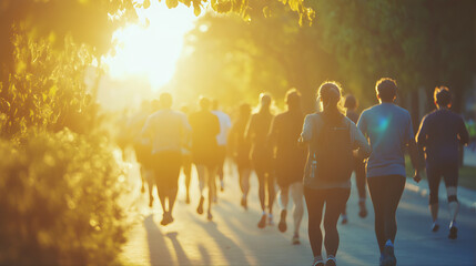 Fundraising charity jogging, walk. Early morning philanthropy exercise. World running, walking, jogging day