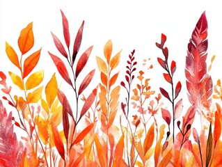 an autumn themed watercolor drawing on white backgroun. Plants in row 