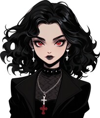 Fototapeta premium Stylized cartoon of a gothic girl with red eyes, black outfit, and cross jewelry, featuring dark makeup and an intense expression.