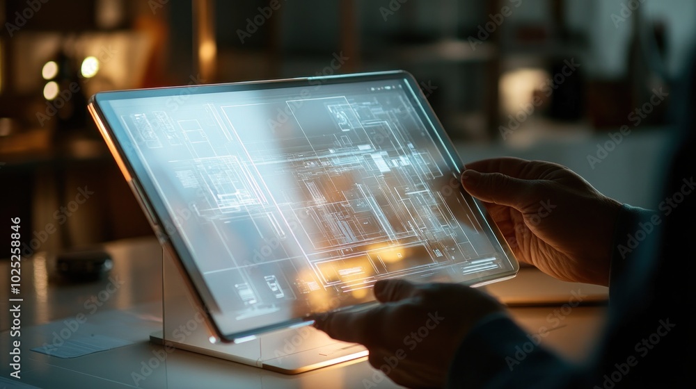 Aufkleber a person's hands using a tablet with a technical diagram displayed on the screen