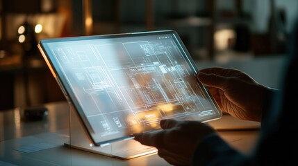 A Person's Hands Using a Tablet with a Technical Diagram Displayed on the Screen