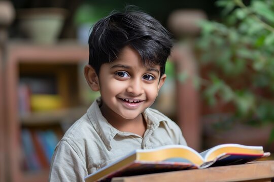 Young Indian boy reading book, smiling at camera. Dark hair, beige shirt, bookshelf with books. Depth, perspective, sense of learning. Child face, expression, joyful eyes, happy smile. Educational