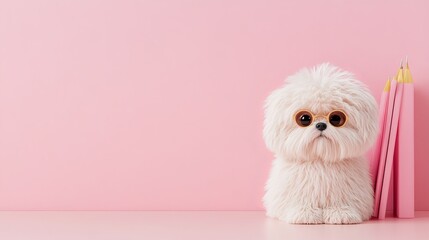 A cute white dog wearing round glasses sits in front of pink pencils and notebooks on a pink background.