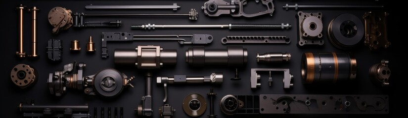 A meticulously arranged collection of industrial machine components, with a sleek metallic sheen, revealing craftsmanship and precision.