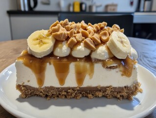 Delicious banana cake on table top view. Banana cheesecake.