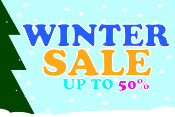 Banner, winter sale up to fifty percent, light blue background.