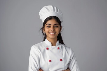 Young Indian woman in crisp white chef coat, matching hat, smiles at camera. Joyful, confident, standing isolated on plain gray background. No text, simple, neutral, allows woman, attire to stand out.