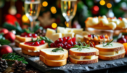 Christmas Table with Champagne and Holiday Canap&eacute;s. Holiday Celebration with Champagne and Appetizers. Christmas Celebration with Champagne and Holiday Snacks