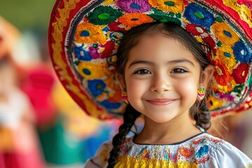 Fototapeta premium Young Girl Wearing Traditional Mexican Dress and Hat