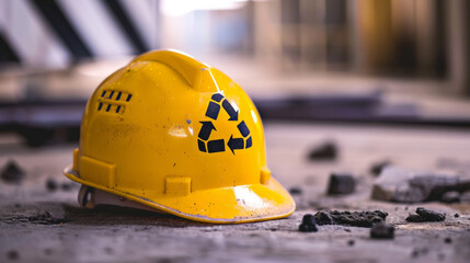 A bright yellow hard hat with a recycling symbol resting on a construction site floor amidst scattered debris during daylight