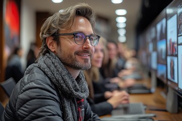 Obraz premium A man with a beard and glasses smiles while sitting in front of a computer screen in an office.
