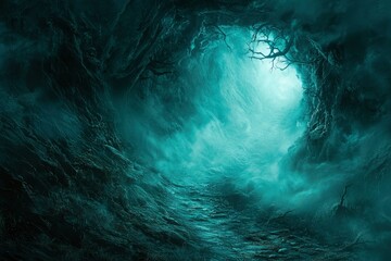 A Mist-Shrouded Path Leading Through a Dark Forest