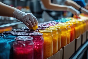 Obraz premium A hand in a white glove placing a lid on a jar of preserved fruit in a factory production line.