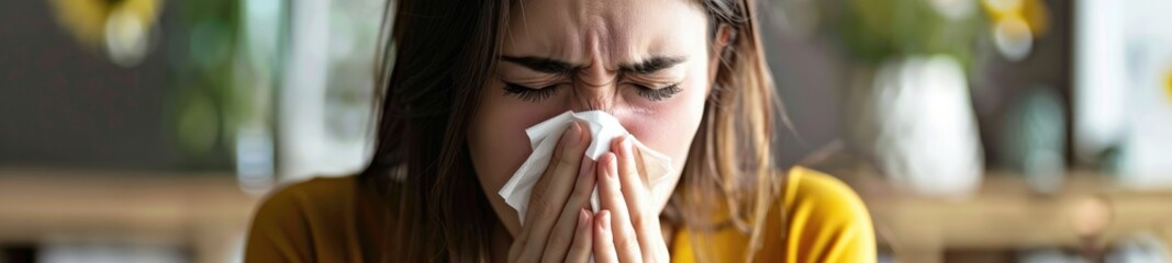 Allergy Woman Blowing Her Nose into a Tissue