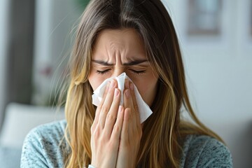 Allergy Woman Blowing Her Nose into a Tissue