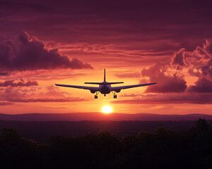 Airplane flying against a stunning sunset sky with dramatic clouds.