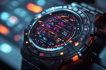 A futuristic smartwatch with a digital display showing heart rate, steps, and other fitness data.