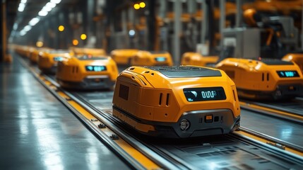 A line of yellow robots on a conveyor belt in a factory.
