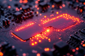 Close-up of a glowing red circuit board with a central processing unit (CPU) illuminated in red.
