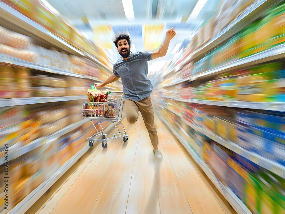 Wall mural man pushing through supermarket aisles with motion blur