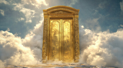 Ascension to the kingdom of heavens with closed doors. Door to heaven to the afterlife. Majestic shiny golden celestial gate of heaven with fluffy clouds. Closed doorway to heaven, immortality.