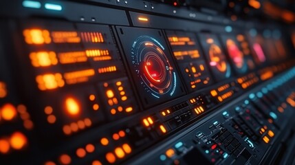 Close-up view of a futuristic control panel with glowing orange and blue lights, dials, and buttons.