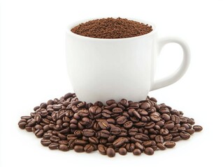Fototapeta premium Coffee Mug and Grinded Coffee Beans Concept Photography Isolated on White Background