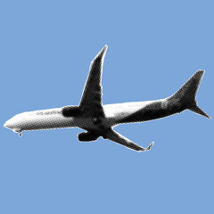 Close up of passenger airplane pixelate grayscale color halftone dotted texture style collage element isolated on blue background