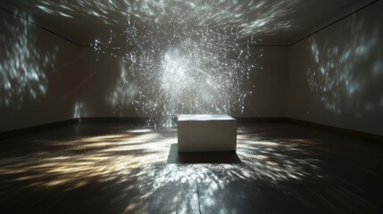White Cube in a Room with Light Streaks and Shadows
