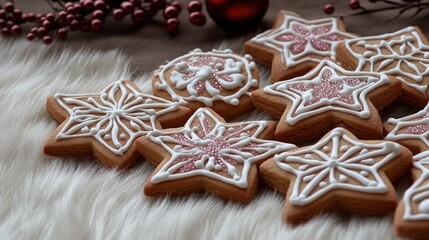 A delightful display of cute gingerbread star cookies with white icing and pink sprinkles, resembling snow peaks, on a soft fur surface, enhanced by red Christmas decorations