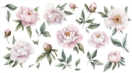 Hand drawn watercolor peony flowers on white background with botanical decorations