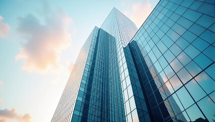 Skyscraper reflecting sunset background. 3d abstract architecture design of modern contemporary luxury building converging glass and steel