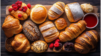 A table fully covered with various types of bread: wheat bread, rye bread, garlic bread, and fresh, fragrant, appetizing buns