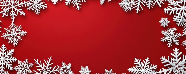 Festive red background adorned with intricate white snowflakes, perfect for Christmas themes, holiday cards, or winter celebrations