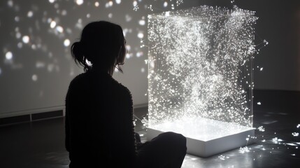 Silhouette of a Person Gazing at a Luminous Cube Installation