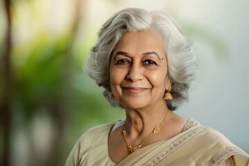 Happy senior woman wearing gold necklace beige sari. Central position in frame with blurred garden park background. Woman gaze directed towards camera creating connection with viewer.