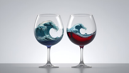 Glass of wine with a miniature ocean wave, 4K, no background
