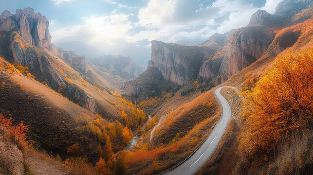 Road through Laobiangou canyon in autumn, a panoramic view of Benxi, China.