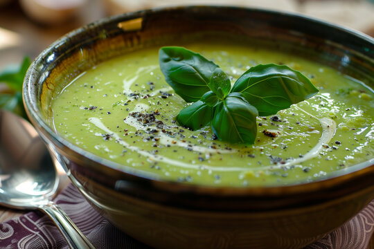 Creamy zucchini soup with heavy cream, black sesame and basil leaves decoration on top.  - Powered by Adobe
