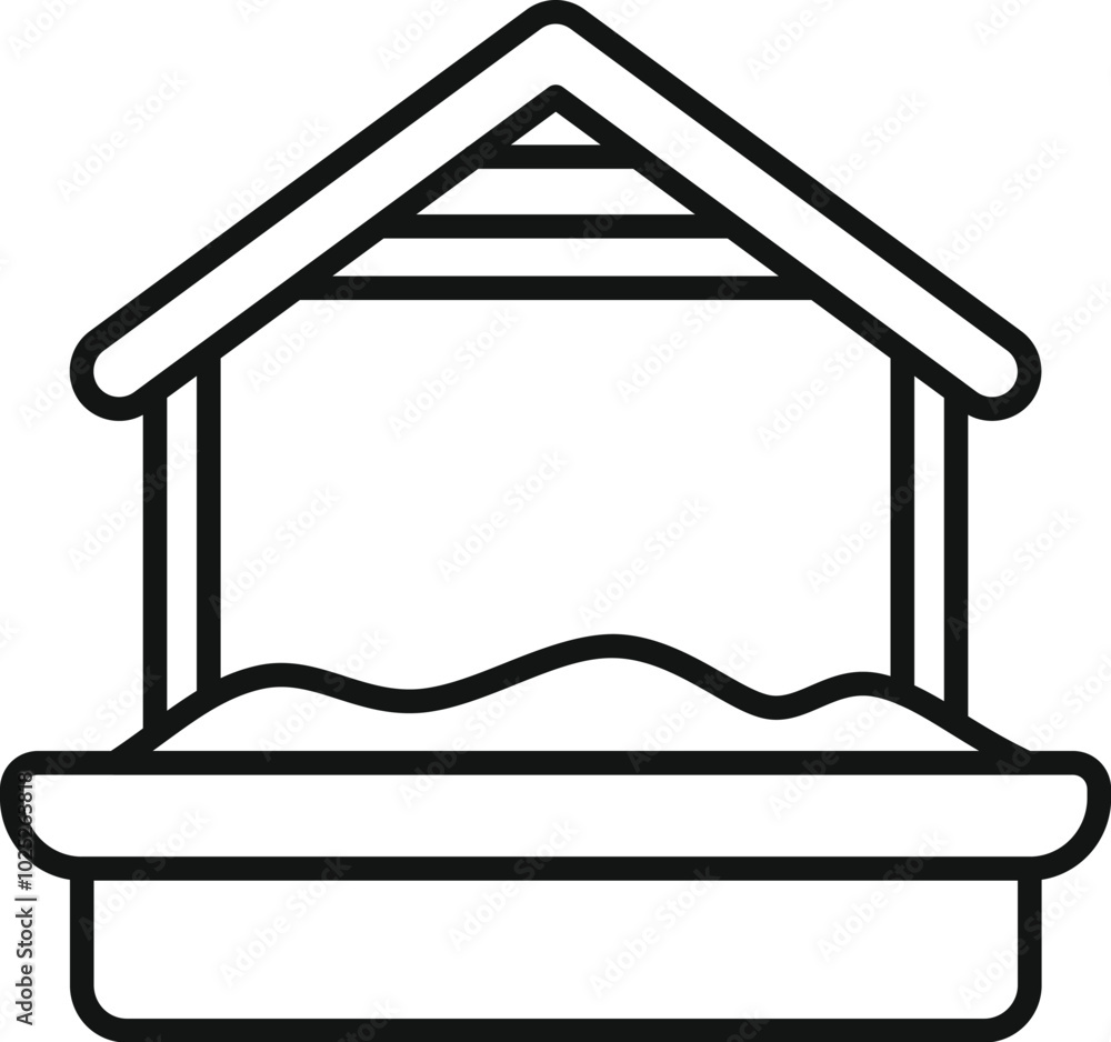 Poster sandbox with roof for children playing on playground in simple line style